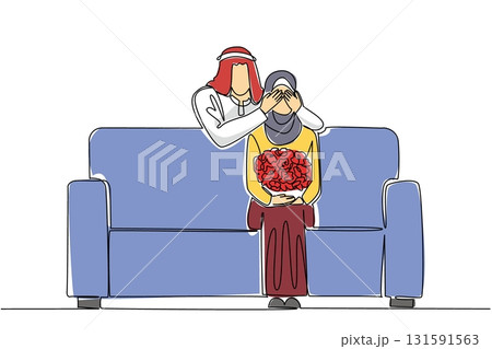 Continuous one line drawing an arab woman sitting on the sofa holding bouquet of flowers. Covering the eyes makes the curious. Perfect happiness. Surprise. Single line draw design vector illustration Continuous one line drawing an arab woman sitting on the sofa holding bouquet of flowers. Covering the eyes makes the curious. Perfect happiness. Surprise. Single line draw design vector illustration 131591563