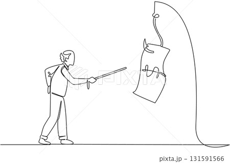 Single continuous line drawing grandpa chasing a hook with a dollar bill attached to it. Expecting loans in old age. Danger. National Senior Fraud Awareness Day. One line design vector illustration 131591566