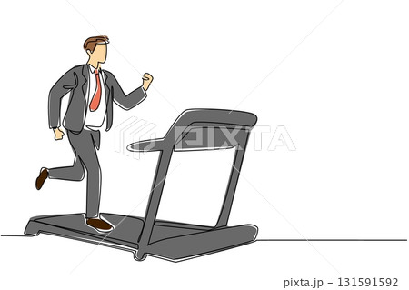 Continuous one line drawing man in suit running on treadmill with heart impulse. Healthy morning before work. National Employee Health and Fitness Day. Single line draw design vector illustration Continuous one line drawing man in suit running on treadmill with heart impulse. Healthy morning before work. National Employee Health and Fitness Day. Single line draw design vector illustration 131591592