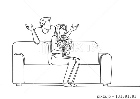 Continuous one line drawing a man standing behind a woman sitting on a sofa holding bouquet of flowers. Happiness together. Beautiful togethernes. Surprise. Single line draw design vector illustration 131591593