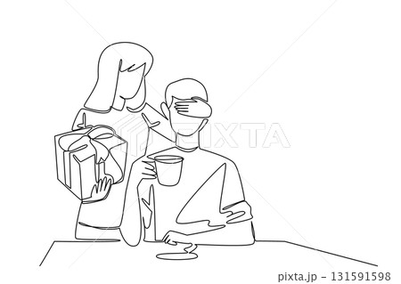 Continuous one line drawing a woman standing behind man covering eyes of the man who sitting enjoying coffee. Small gift with big thoughtfulness. Surprise. Single line draw design vector illustration 131591598