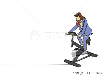 Single one line drawing woman in blazer pedaling stationary bike. Trying to stay healthy even though busy. Sport. National Employee Health and Fitness Day. Continuous line design graphic illustration 131591607