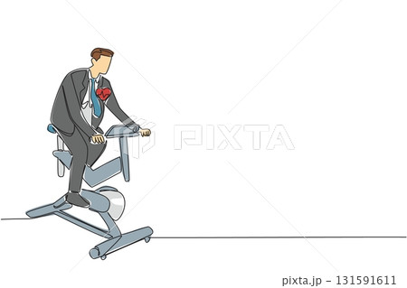 Continuous one line drawing man in suit and tie pedaling exercise bike. Keep exercising even busy. Healthy. National Employee Health and Fitness Day. Single line draw design vector illustration 131591611