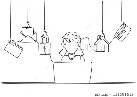 Single continuous line drawing a grandma typing on a laptop and some icons require login. Data vulnerability that easy to hack. National Senior Fraud Awareness Day. One line design vector illustration Single continuous line drawing a grandma typing on a laptop and some icons require login. Data vulnerability that easy to hack. National Senior Fraud Awareness Day. One line design vector illustration 131591612