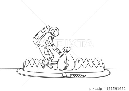 Single one line drawing astronaut is taking money bag on top of bear trap. Taking out a loan from a third party. Very detrimental in the future. Money Bait. Continuous line design graphic illustration 131591632