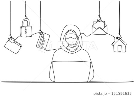 Single continuous line drawing masked thief wear hoodie typing on laptop and 5 important icons. Hack multiple accounts at once. National Senior Fraud Awareness Day. One line design vector illustration Single continuous line drawing masked thief wear hoodie typing on laptop and 5 important icons. Hack multiple accounts at once. National Senior Fraud Awareness Day. One line design vector illustration 131591633