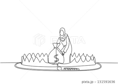 Single continuous line drawing arabian woman is taking money bag on top of bear trap. Household loans. Trapped in debt. Lots of debt. Full of risks. Money Bait. One line design vector illustration Single continuous line drawing arabian woman is taking money bag on top of bear trap. Household loans. Trapped in debt. Lots of debt. Full of risks. Money Bait. One line design vector illustration 131591636