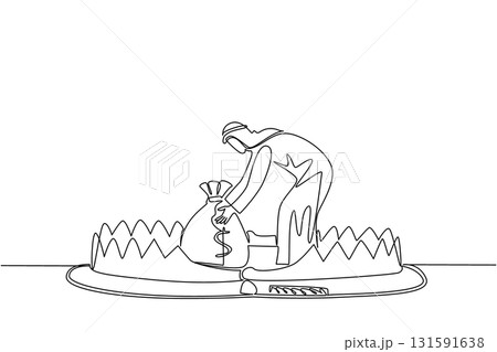 Continuous one line drawing arabian man is taking money bag on top of bear trap. Acting carelessly. Getting caught in the wrong investment. Money Bait. Single line draw design vector illustration Continuous one line drawing arabian man is taking money bag on top of bear trap. Acting carelessly. Getting caught in the wrong investment. Money Bait. Single line draw design vector illustration 131591638