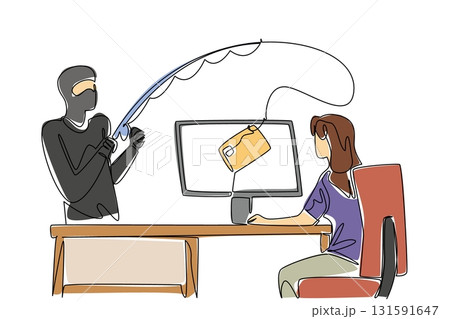 Single continuous line drawing woman typing and thief fishing for credit card from top of screen. Weak security. Hacker. Crime. National Senior Fraud Awareness Day. One line design vector illustration Single continuous line drawing woman typing and thief fishing for credit card from top of screen. Weak security. Hacker. Crime. National Senior Fraud Awareness Day. One line design vector illustration 131591647
