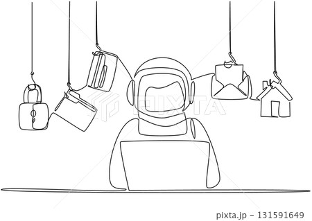 Single continuous line drawing astronaut typing on laptop and 5 important icons. Struggling to secure some important accounts. National Senior Fraud Awareness Day. One line design vector illustration Single continuous line drawing astronaut typing on laptop and 5 important icons. Struggling to secure some important accounts. National Senior Fraud Awareness Day. One line design vector illustration 131591649