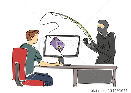 Continuous one line drawing man typing and thief fishing credit card from top of screen. Hacker commit cyber crimes. National Senior Fraud Awareness Day. Single line draw design vector illustration 131591651