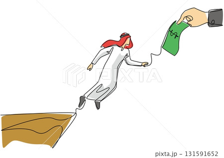 Single continuous line drawing an arab man jumps to reach the big hand holding the dollar bill. Investment trap. Illegal. National Senior Fraud Awareness Day. One line design vector illustration Single continuous line drawing an arab man jumps to reach the big hand holding the dollar bill. Investment trap. Illegal. National Senior Fraud Awareness Day. One line design vector illustration 131591652