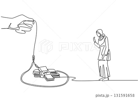 Single continuous line drawing arabian woman walking towards a rope trap containing several stacks of banknotes. Easy money with lots of risks. Trap. Money Bait. One line design vector illustration 131591658