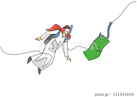 Continuous one line drawing arab man diving and chasing hook with dollar bills attached. Interested in an instant way. National Senior Fraud Awareness Day. Single line draw design vector illustration 131591659