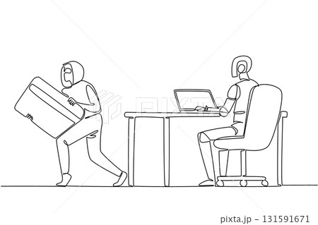 Single continuous line drawing robots type on laptops and masked thieves take credit cards. Intelligence system penetrated. National Senior Fraud Awareness Day. One line design vector illustration Single continuous line drawing robots type on laptops and masked thieves take credit cards. Intelligence system penetrated. National Senior Fraud Awareness Day. One line design vector illustration 131591671