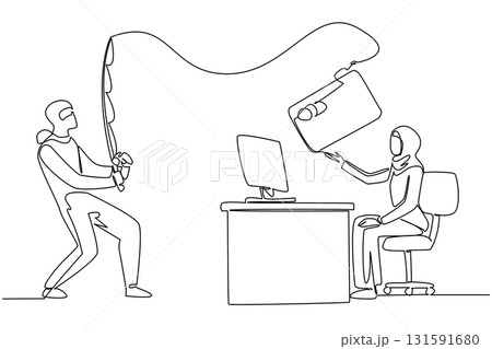 Single one line drawing an arab woman typing on a laptop and the thief fishing for a large credit card. Careless. Loss. National Senior Fraud Awareness Day. Continuous line design graphic illustration Single one line drawing an arab woman typing on a laptop and the thief fishing for a large credit card. Careless. Loss. National Senior Fraud Awareness Day. Continuous line design graphic illustration 131591680