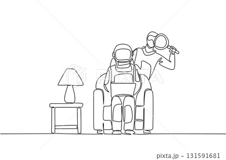 Continuous one line drawing astronaut sits on sofa holding laptop and thief uses a magnifier. The burglary incident. National Senior Fraud Awareness Day. Single line draw design vector illustration Continuous one line drawing astronaut sits on sofa holding laptop and thief uses a magnifier. The burglary incident. National Senior Fraud Awareness Day. Single line draw design vector illustration 131591681
