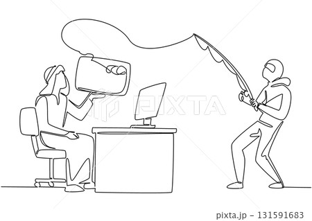 Single continuous line drawing an arab man typing on laptop and the thief fishing for a large credit card. Hacking the system. National Senior Fraud Awareness Day. One line design vector illustration Single continuous line drawing an arab man typing on laptop and the thief fishing for a large credit card. Hacking the system. National Senior Fraud Awareness Day. One line design vector illustration 131591683