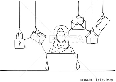Continuous one line drawing an arab woman typing on a laptop and 5 important icons. Using combination passwords. Safe. National Senior Fraud Awareness Day. Single line draw design vector illustration 131591686