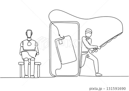 Single continuous line drawing robot sits on laptop and thief fishes large credit card. Penetrating smartest security systems. National Senior Fraud Awareness Day. One line design vector illustration Single continuous line drawing robot sits on laptop and thief fishes large credit card. Penetrating smartest security systems. National Senior Fraud Awareness Day. One line design vector illustration 131591690