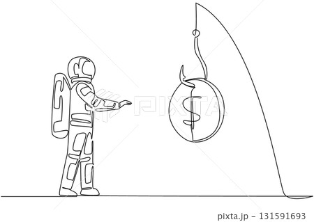 Single continuous line drawing astronaut chasing a hook with a dollar coin attached. Interested in instant profits. Deception. National Senior Fraud Awareness Day. One line design vector illustration 131591693