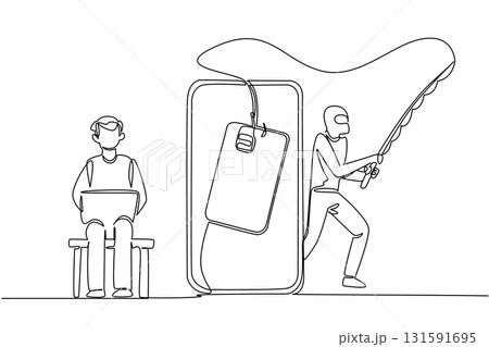 Single one line drawing grandpa sits on sofa hold a laptop and thief hides behind smartphone. Personal data breach. National Senior Fraud Awareness Day. Continuous line design graphic illustration 131591695