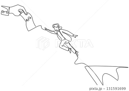 Continuous one line drawing grandma jumps off cliff trying to reach the big hand holding banknotes. Bogus investment. National Senior Fraud Awareness Day. Single line draw design vector illustration 131591699