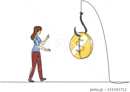 Continuous one line drawing a woman chasing a hook with a dollar coin attached to it. Stuck in a trap. Fake investment. National Senior Fraud Awareness Day. Single line draw design vector illustration 131591712