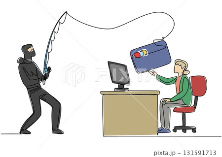 Continuous one line drawing a grandma typing on a laptop and a thief fishing for a large credit card. Cyber crime. National Senior Fraud Awareness Day. Single line draw design vector illustration 131591713