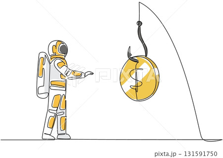 Single continuous line drawing astronaut chasing a hook with a dollar coin attached. Interested in instant profits. Deception. National Senior Fraud Awareness Day. One line design vector illustration 131591750