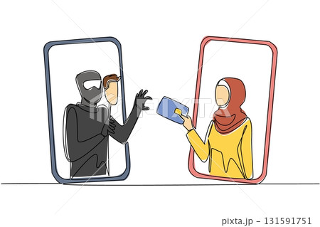 Single one line drawing an arab woman gets out of smartphone and hands over credit card to a thief. Fake link. Hack. National Senior Fraud Awareness Day. Continuous line design graphic illustration Single one line drawing an arab woman gets out of smartphone and hands over credit card to a thief. Fake link. Hack. National Senior Fraud Awareness Day. Continuous line design graphic illustration 131591751