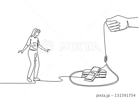 Continuous one line drawing young beautiful woman walking towards a rope trap containing several stacks of banknotes. The trap of abundance. Money Bait. Single line draw design vector illustration 131591754
