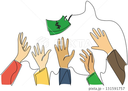 Single continuous line drawing banknotes attached to a hook and 5 hands fighting for the money. Greed defeats humanity. Humans are controlled by money. Money Bait. One line design vector illustration Single continuous line drawing banknotes attached to a hook and 5 hands fighting for the money. Greed defeats humanity. Humans are controlled by money. Money Bait. One line design vector illustration 131591757