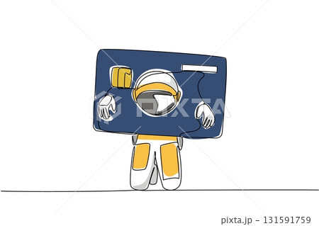 Single one line drawing an astronaut trapped head and both hands in a large credit card. Loss on return from lunar expedition. Fall into a trap. Money Bait. Continuous line design graphic illustration 131591759