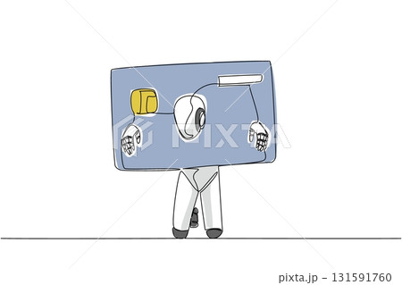 Continuous one line drawing a robot trapped head and both hands in large credit card. Artificial intelligence experiment fails miserably. Debt. Money Bait. Single line draw design vector illustration 131591760