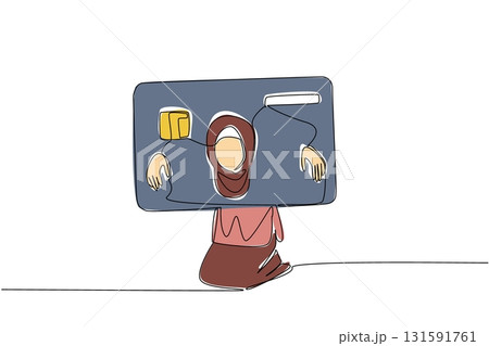 Single continuous line drawing an arab woman trapped her head and both hands in a large credit card. Following the wrong lifestyle. Not fond of saving. Money Bait. One line design vector illustration 131591761