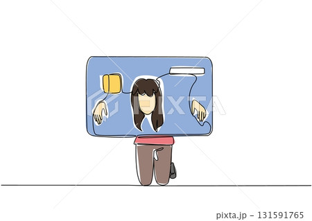 Single one line drawing a woman trapped her head and both hands in a large credit card. Excessive lifestyle. Shopaholic. Extravagant. Trap. Money Bait. Continuous line design graphic illustration 131591765