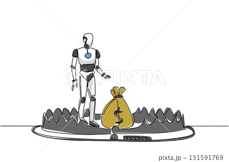 Continuous one line drawing robot is taking money bag on top of bear trap. Investment in advanced artificial intelligence. Trap trick. Risk. Money Bait. Single line draw design vector illustration Continuous one line drawing robot is taking money bag on top of bear trap. Investment in advanced artificial intelligence. Trap trick. Risk. Money Bait. Single line draw design vector illustration 131591769