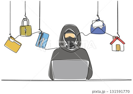Single continuous line drawing masked thief wear hoodie typing on laptop and 5 important icons. Hack multiple accounts at once. National Senior Fraud Awareness Day. One line design vector illustration Single continuous line drawing masked thief wear hoodie typing on laptop and 5 important icons. Hack multiple accounts at once. National Senior Fraud Awareness Day. One line design vector illustration 131591770