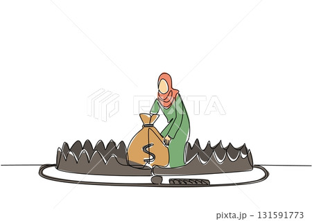 Single continuous line drawing arabian woman is taking money bag on top of bear trap. Household loans. Trapped in debt. Lots of debt. Full of risks. Money Bait. One line design vector illustration 131591773