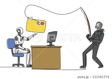 Continuous one line drawing robot types on laptop and thief fishes for large credit card. Security level strength test. National Senior Fraud Awareness Day. Single line draw design vector illustration 131591774