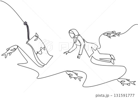 Single continuous line drawing arab woman swims and reaches for banknotes attached to a hook. Helplessness to seek help. Bound in a trap. Dangerous. Money Bait. One line design vector illustration Single continuous line drawing arab woman swims and reaches for banknotes attached to a hook. Helplessness to seek help. Bound in a trap. Dangerous. Money Bait. One line design vector illustration 131591777