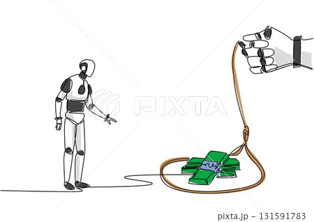 Continuous one line drawing robot walking towards a rope trap containing several stacks of banknotes. Barriers to a sophisticated future. Trap. Money Bait. Single line draw design vector illustration 131591783