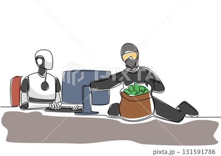 Single one line drawing robot typing and thief putting money into money bag. Intelligence system successfully hacked. National Senior Fraud Awareness Day. Continuous line design graphic illustration Single one line drawing robot typing and thief putting money into money bag. Intelligence system successfully hacked. National Senior Fraud Awareness Day. Continuous line design graphic illustration 131591786