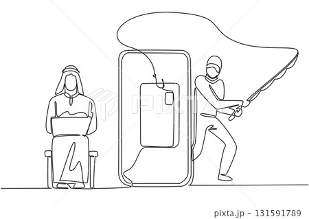 Single one line drawing arab man sits typing on laptop and thief hides fishing for credit cards. Lured by fake links. National Senior Fraud Awareness Day. Continuous line design graphic illustration Single one line drawing arab man sits typing on laptop and thief hides fishing for credit cards. Lured by fake links. National Senior Fraud Awareness Day. Continuous line design graphic illustration 131591789