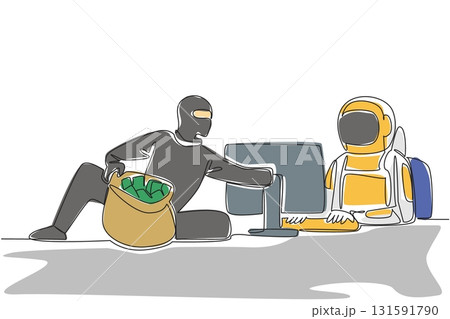 Continuous one line drawing astronaut typing and thief putting money into money bag. Hacking harms users. Bankrupt. National Senior Fraud Awareness Day. Single line draw design vector illustration 131591790