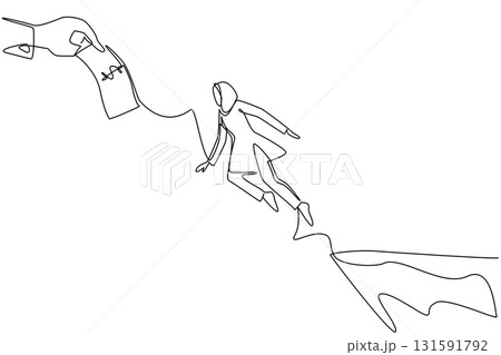 Continuous one line drawing an arab woman jumps to reach the big hand holding the dollar bill. Greed. Not profitable. National Senior Fraud Awareness Day. Single line draw design vector illustration Continuous one line drawing an arab woman jumps to reach the big hand holding the dollar bill. Greed. Not profitable. National Senior Fraud Awareness Day. Single line draw design vector illustration 131591792