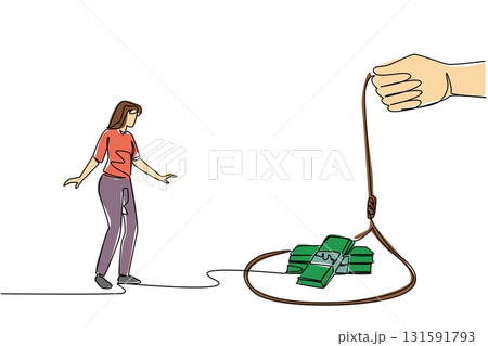 Continuous one line drawing young beautiful woman walking towards a rope trap containing several stacks of banknotes. The trap of abundance. Money Bait. Single line draw design vector illustration 131591793