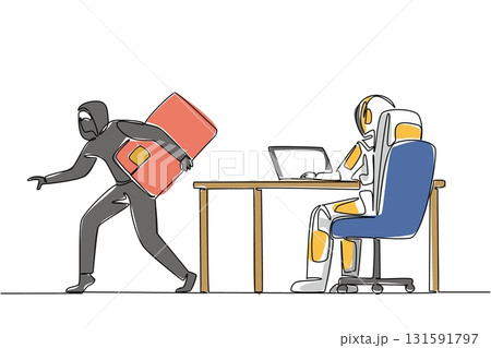Single one line drawing astronaut type on laptops and masked thieves take large credit cards. Suffer a huge loss. National Senior Fraud Awareness Day. Continuous line design graphic illustration 131591797