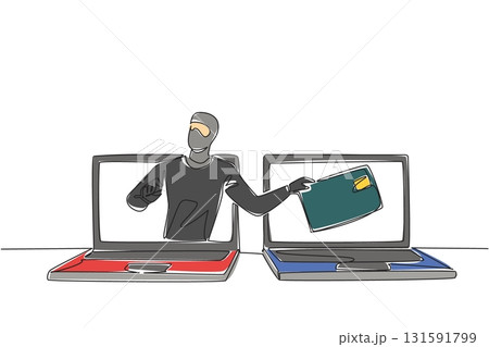 Single continuous line drawing a masked thief taking a credit card from another laptop screen. The system is easy to hack. National Senior Fraud Awareness Day. One line design vector illustration 131591799